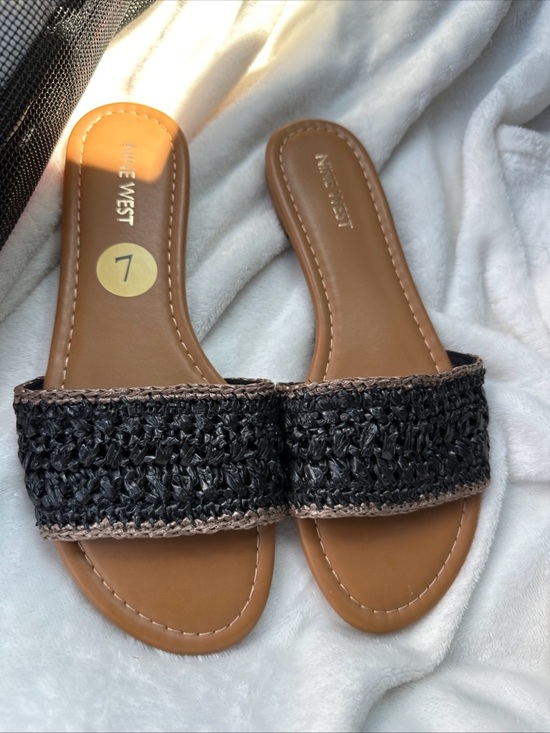 Nine West Shoes - Nine West Women’s Black Woven Strap Tan Slide Sandals- Size 7